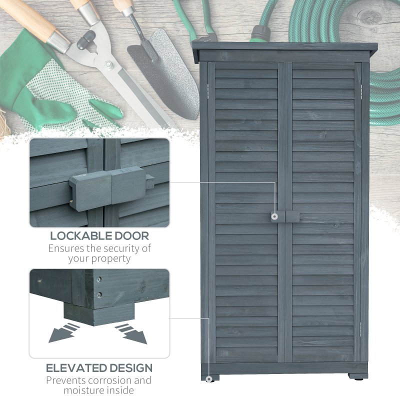 Outsunny Small Shed, Wooden Garden Storage Shed, 3 Shelves Outdoor Tool Shed Cabinet with Asphalt Roof and Shutter Doors, 87cm x 47cm x 160cm, Grey