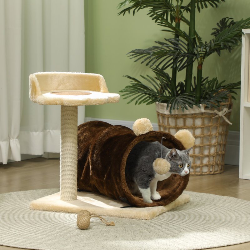 PawHut Cat Tree for Indoor Cats, 47cm Cat Tower with Scratching Post, Cat Bed, Cat Tunnel, Toy Ball, Cute Cat Tree Tower for Kittens and Cats, Dark Brown