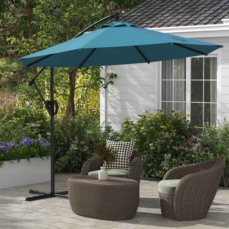 Outsunny 3(m) Cantilever Parasol with Cross Base, Banana Parasol with Crank Handle, Tilt and 8 Ribs, Round Hanging Patio Umbrella for Outdoor Pool, Garden, Balcony, Blue