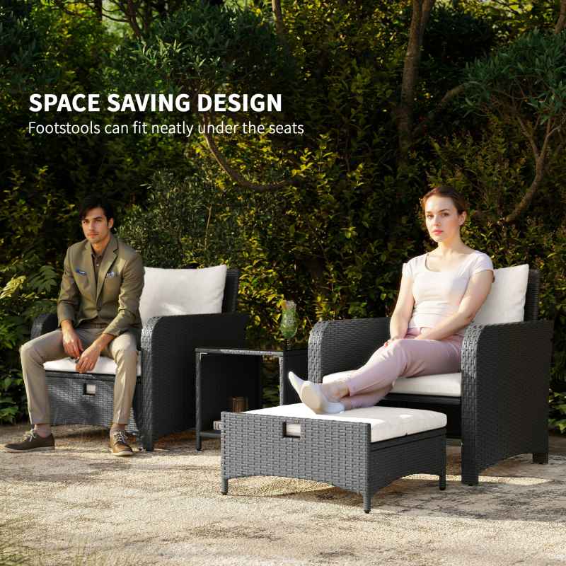 Outsunny 5 Piece Rattan Garden Furniture Set, Wicker Patio Conversation Set with 2 Chairs, 2-Tier Coffee Table, 2 Ottomans and Thick Cushions for Outdoor, Balcony, Bistro, Porch, Cream White