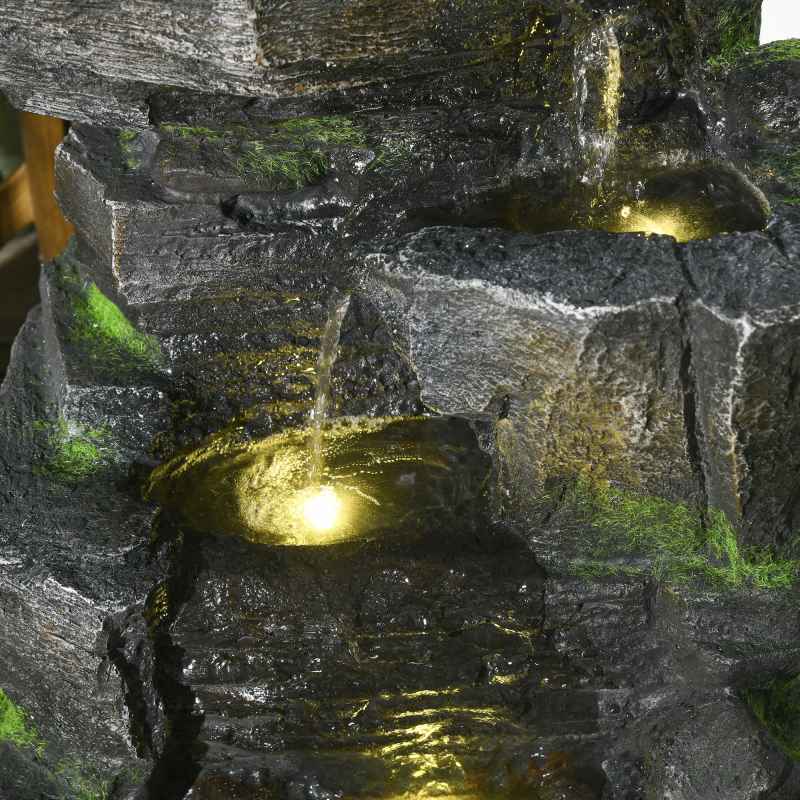 Outsunny Solar Powered Garden Water Feature with LED Lights and Pump, 4 Tier Cascading Water Fountain for Indoor/Outdoor, Stacked Stone Rock Waterfall Ornament, 57cm Height, Dark Grey