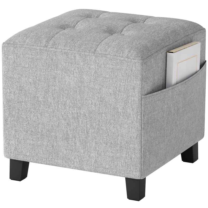 HOMCOM Square Footstool, Small Ottoman with Side Pocket, Linen Fabric Footrest Foot Stool with Rubber Wood Legs and Padded Seat for Living Room, Bedroom, Entryway, 35 x 35 x 35cm, Light Grey