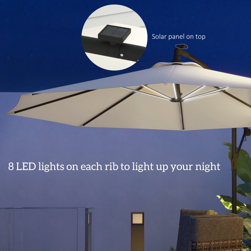 Outsunny 3(m) Banana Cantilever Parasol with Solar LED Lights, Garden Umbrella with Cross Base and Crank Handle, Hanging Offset Sun Shade for Outdoor, Patio, Beige