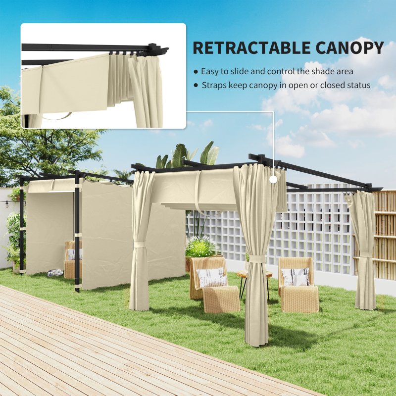 Outsunny 3 x 3(m) Metal Pergola with Retractable Roof and Sidewalls, Garden Gazebo UPF30+ Sun Shade Shelter for Outdoor, Patio, Deck, Beige