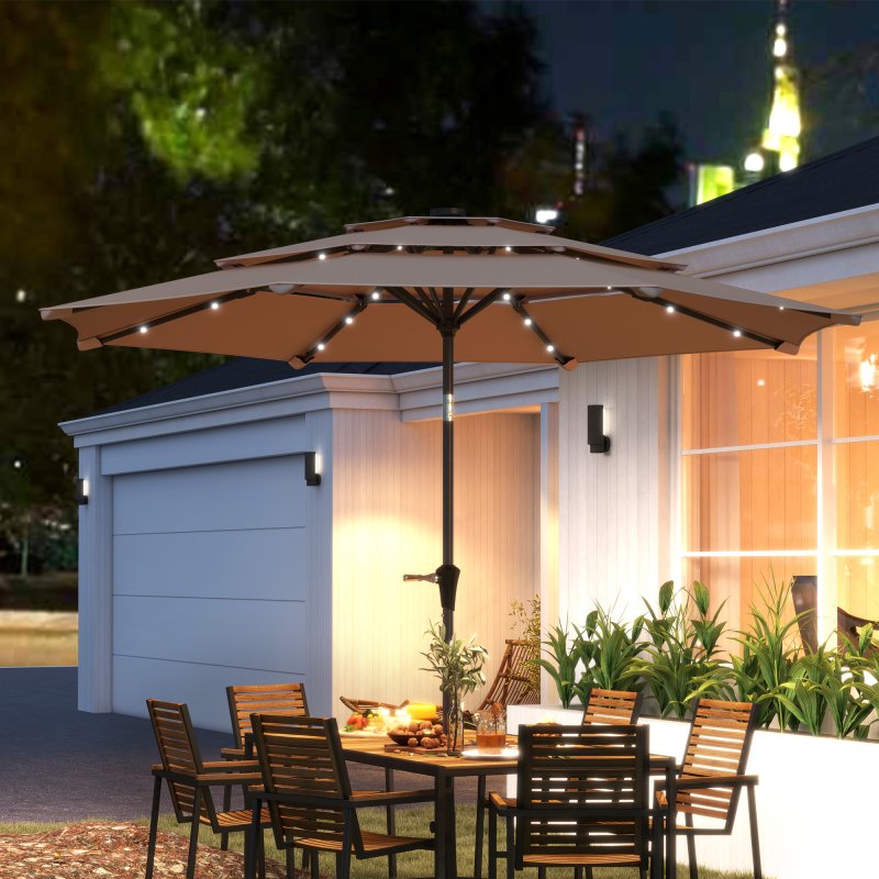 Outsunny 2.6 m Garden Parasol with Solar LED Lights, 3-Tier Patio Umbrella Outdoor with Tilt Mechanism & Crank Handle, UPF 30+, Table Umbrella for Market Terrace, Khaki
