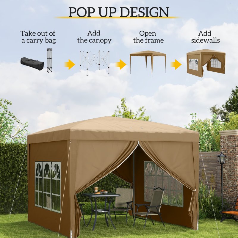 Outsunny 3 x 3 Meters Pop Up Water Resistant Gazebo Wedding Camping Party Tent Canopy Marquee with Carry Bag and 2 Windows, Khaki