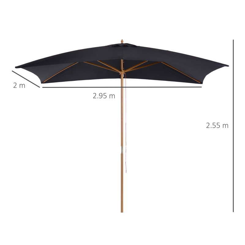 Outsunny 2 x 3m Wooden Garden Parasol Umbrella Outdoor Sun Shade Canopy, Table Market Umbrella with Vent, 38 mm Pole, Rope Pulley Mechanism, Black