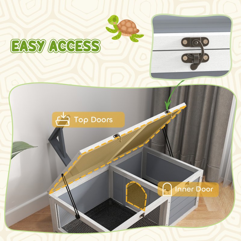 PawHut Tortoise House, Wooden Tortoise Enclosure, Tortoise Habitat with Lamp Holder, 2 Pull-Out Trays, Hideaway, Run, for Indoor, Outdoor, Light Grey