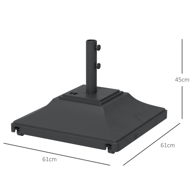 Outsunny Square Parasol Base with Wheels, 45kg Water or 60kg Sand Filled, Heavy Duty HDPE Umbrella Stand with Double Adjustable Knob, Fillable Parasol Stand for 38mm and 48mm Poles, Black