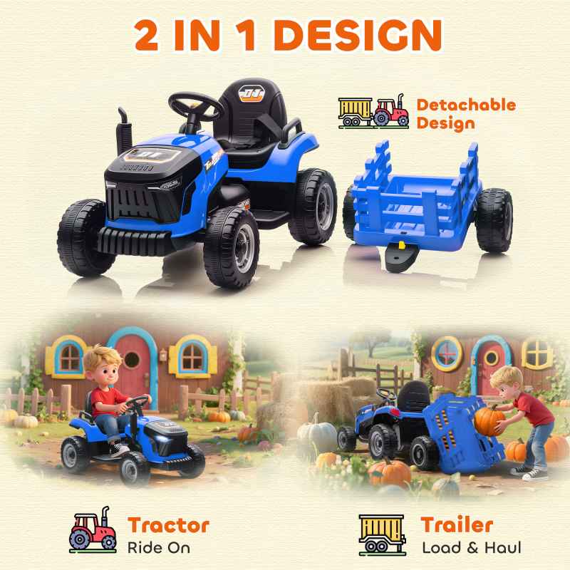 AIYAPLAY Ride on Tractor with Trailer, 12V Electric Vehicle with Remote Control, Ride on Car for Kids with Music, Shifter, Start-Up Sound for Ages 3-8 Years, Blue