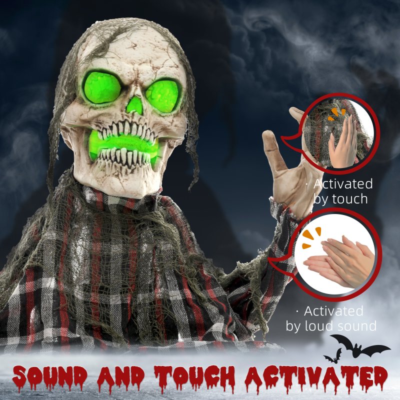 HOMCOM 70cm Groundbreaker Skeleton Outdoor Halloween Decoration, Halloween Animatronic with Sound Activated, Light Up Eyes, Sound Effects, Animated Prop for Haunted House