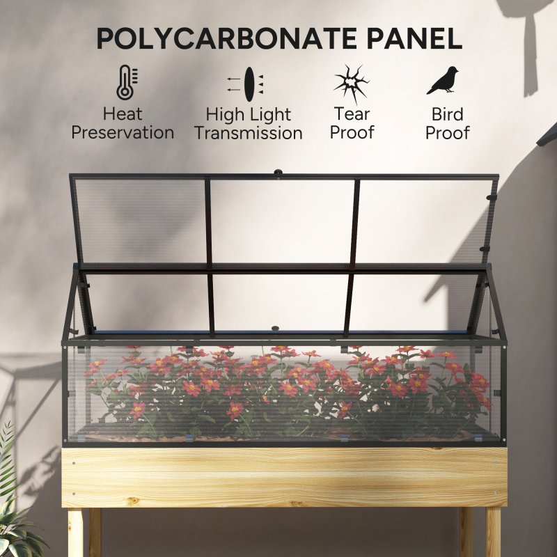 Outsunny Raised Garden Bed with Cold Frame Greenhouse, Elevated Wood Planter Box with Polycarbonate Panel and Top Vent for Vegetables, Flowers, Herbs, 120 x 60 x 103cm, Natural