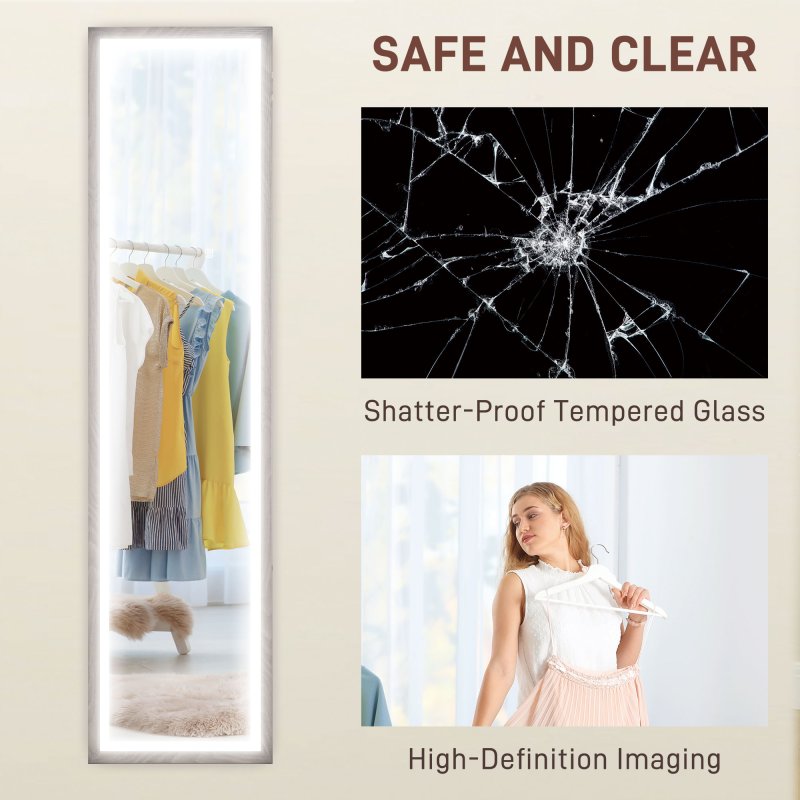 HOMCOM Full Length Mirror with LED Lights, 160 x 40cm Free Standing Mirror with Dimming and 3 Colour Lighting, Leaning or Wall Mirror with Frame for Living Room, Bedroom, Grey