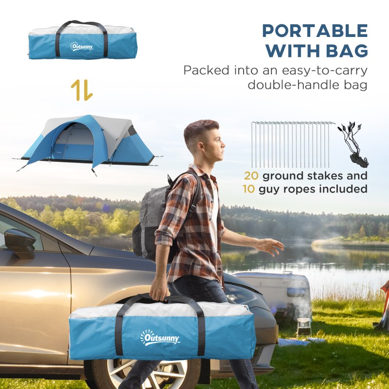 Outsunny 5-6 Man Camping Tent, 3000mm Waterproof Family Tent with Porch and Sewn in Groundsheet, Portable with Bag, for Fishing Hiking Festival, Blue