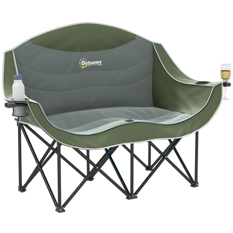 Outsunny Double Camping Chair for Adults, Oversized Heavy Duty Padded Folding Chair with Armrests, Cup Holders and Carry Bag for Outdoor Camping Hiking Picnic Fishing, 250kg Capacity, Green