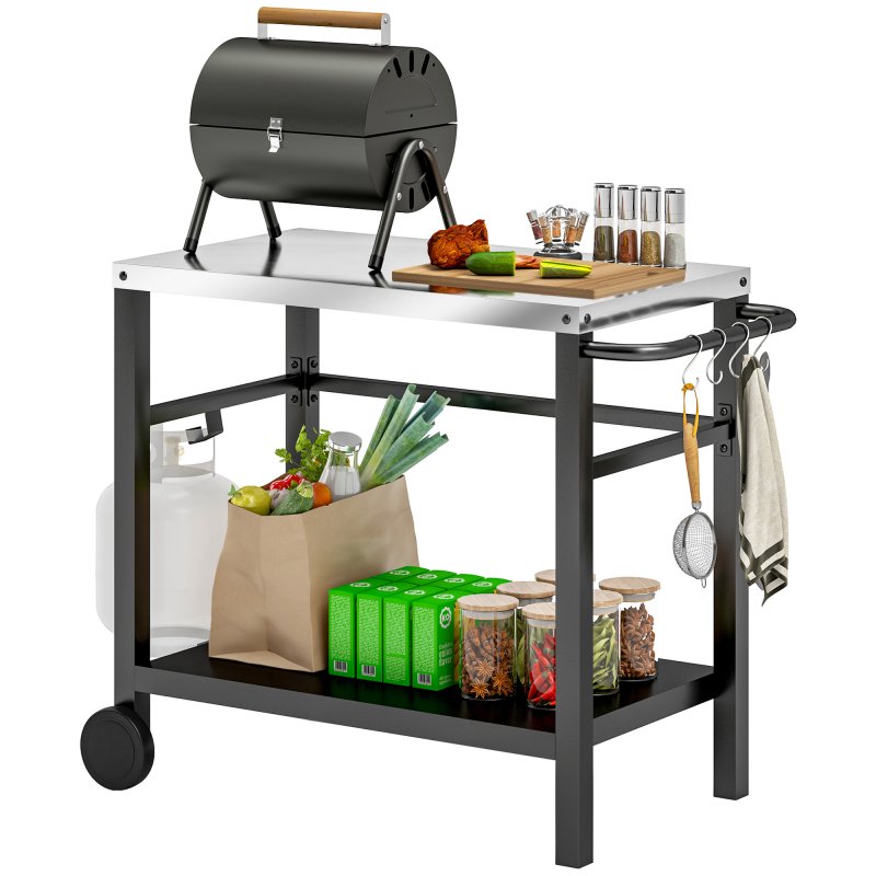 Outsunny Outdoor Grill Dining Cart 2-Shelf Movable Pizza Oven Table Stand with Stainless Steel Top, Portable BBQ Trolley Food Prep Outdoor Kitchen BBQ Station with Hooks Wheels Handle, Charcoal Grey