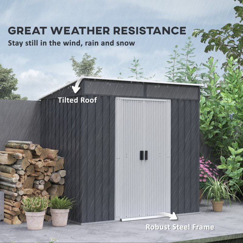 Outsunny 6.5 x 4FT Galvanised Metal Garden Shed with Foundation Kit, Lockable Tool Storage House with Double Sliding Doors and 2 Vents, Grey
