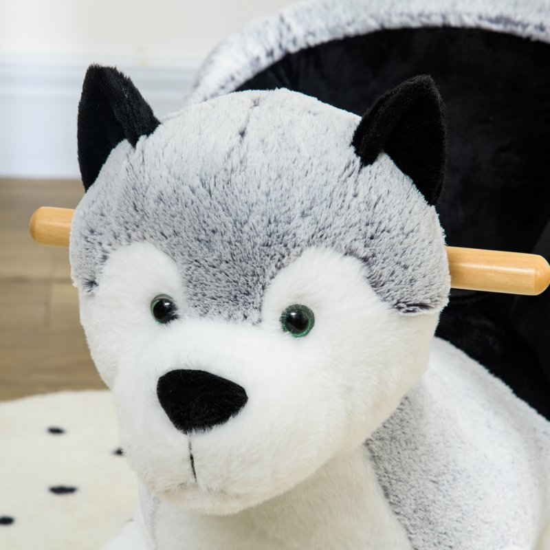 HOMCOM Husky Baby Rocking Horse for Toddlers, Plush Wooden Child Rocking Animal with Sound, Seatbelt, Gift for Ages 18-36 Months, Kids Ride-On Toy for Indoor Use - Grey