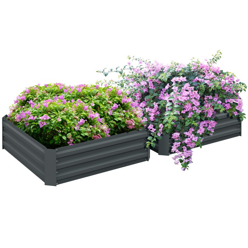Outsunny Set of 2 291L Raised Garden Bed, Elevated Planter Box with Galvanised Steel Frame for Growing Flowers, Herbs, 100 x 100 x 30 cm, Dark Grey