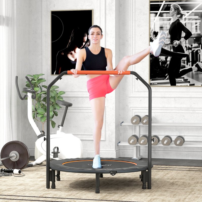HOMCOM 48" Foldable Mini Trampoline Fitness Trampoline Rebounder for Adults with Adjustable Foam Handle, for Indoors, Outdoors, Cardio Training, Orange