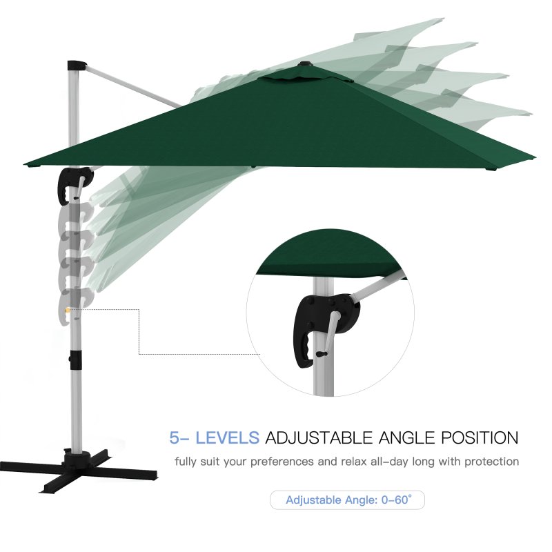 Outsunny 3 x 3(m) Cantilever Roma Parasol, Square Garden Umbrella with Cross Base, Crank Handle, Tilt, 360 Rotation and Aluminium Frame, Green