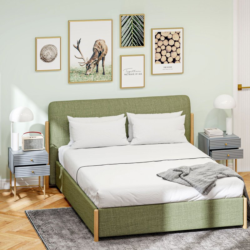 HOMCOM Bedside Tables Set of 2, Bedside Cabinet with 2 Drawers, Gold Steel Legs, Modern Side Table with Striped Panel for Bedroom, Living Room, Grey