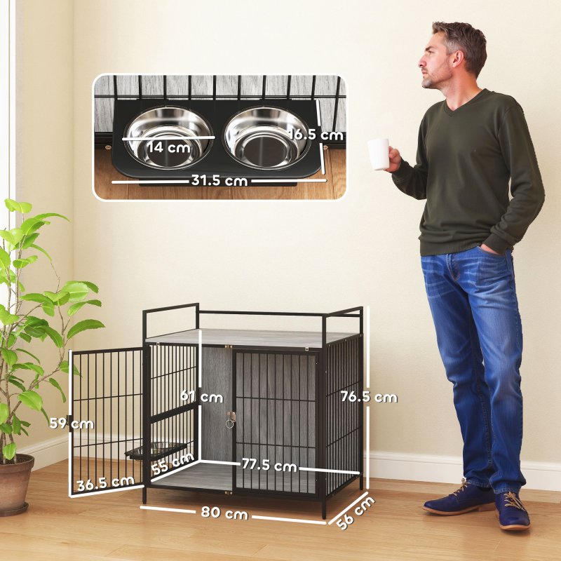 PawHut Dog Crate Furniture with 2 Rotatable Bowls, Dog Crate End Table with 2 Anti-Escape Doors, Storage Shelf, for Medium Dogs, 80 x 56 x 76.5 cm, Grey