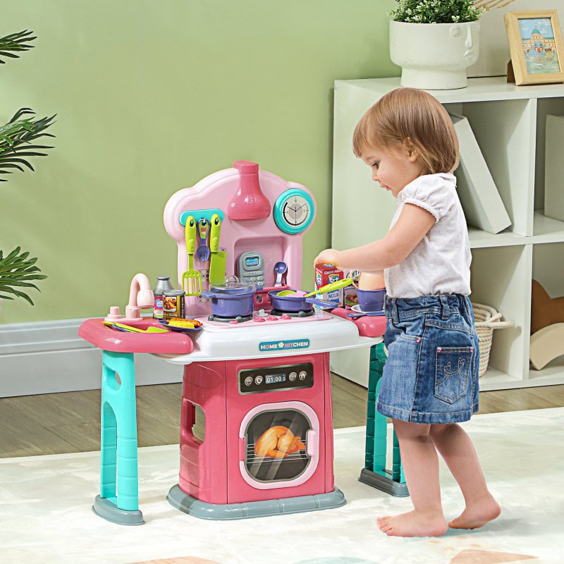 AIYAPLAY Toy Kitchen, 45-Piece Kids Kitchen with Rotating Side Tables, Toddler Pretend Role Play Kitchen with Light, Sounds, Spray Effect for Ages 3-6 Years, Pink