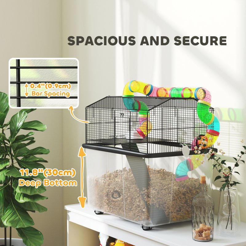 PawHut Hamster Cage, 2 Tier Gerbil Cage with 31cm Deep Tray, Tube System, Water Bottle, Ramp, Feeding Bowl, 58 x 43 x 57cm, Multicoloured