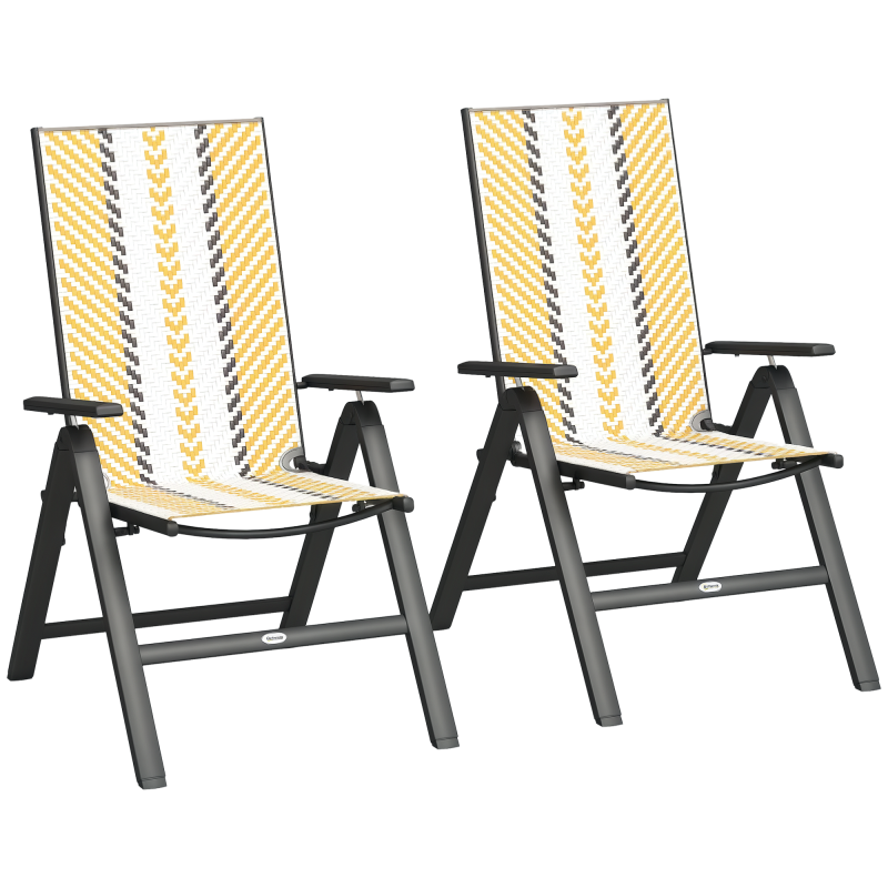 Outsunny Rattan Folding Chair Outdoor Set of 2, 5-Position Adjustable Wicker Garden Dining Chair with High Backrest, Wide Armrest, for Patio, Terrace, Balcony, Orange