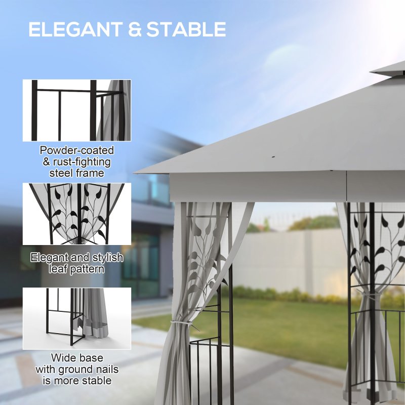 Outsunny 3(m) x 3(m) Garden Gazebo, Double Roof Outdoor Gazebo Canopy Shelter with Netting, Solid Steel Frame, for Garden, Lawn and Deck, Light Grey