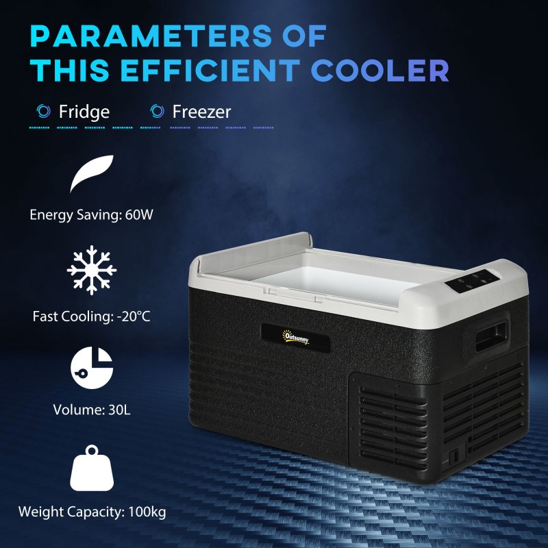 Outsunny 30L Car Refrigerator, Portable Compressor Car Fridge Freezer, Electric Cooler Box with 12/24V DC and 110-240V AC for Camping, Driving, Picnic, Down to -20°C, Grey and Black