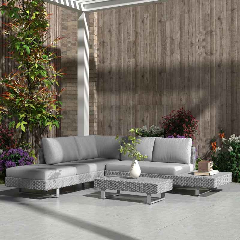 Outsunny 3 Pieces Rattan Garden Furniture Set, Wicker Garden Sofa Set with 3-Seater Sofa, Loveseat, Coffee Table, Side Table & Cushions, 5-Seater Outdoor Furniture Set, Light Grey