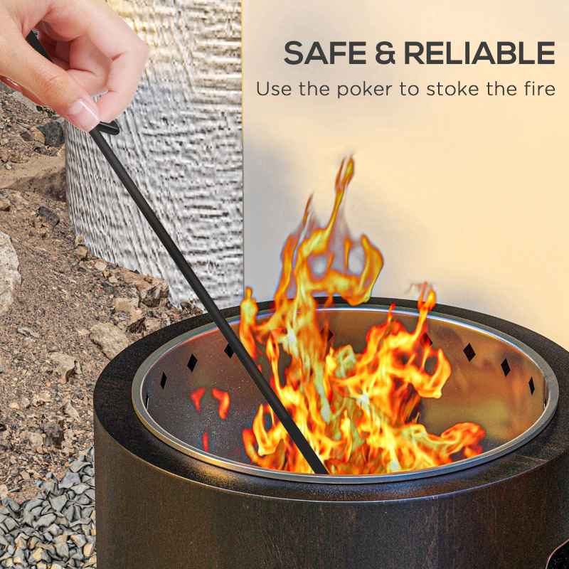 Outsunny Smokeless Fire Pit, 45cm Portable Wood Burning Firepit with Poker, Stainless Steel Liner for Garden Camping Bonfire Party, Metal, Black