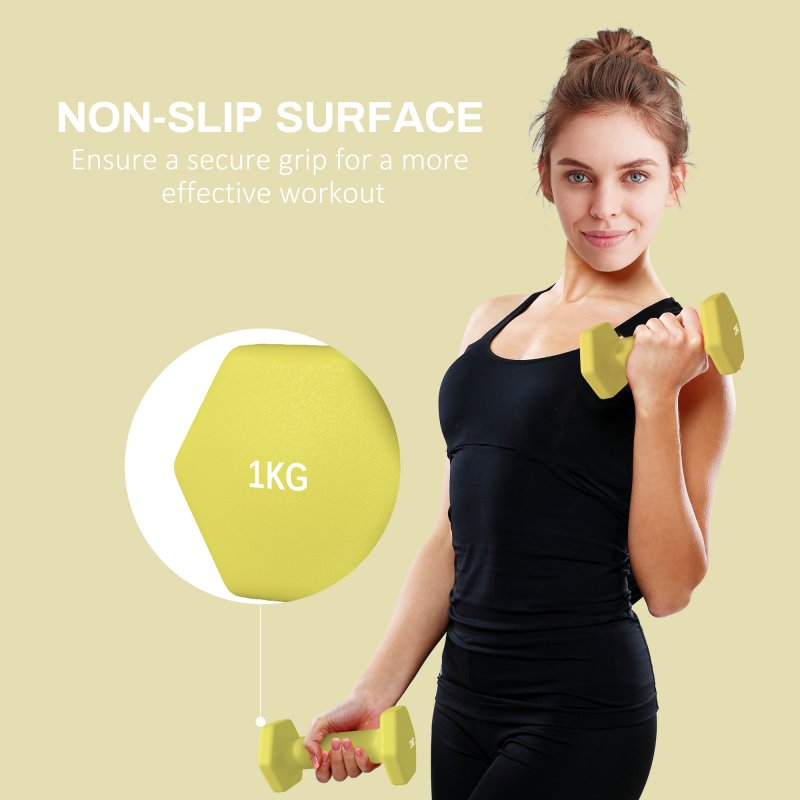 SPORTNOW Set of 2 Hex Dumbbells, Neoprene Weights Pair with Non-Slip Grip, Home Gym Fitness Training Equipment, 2 x 1kg, Yellow