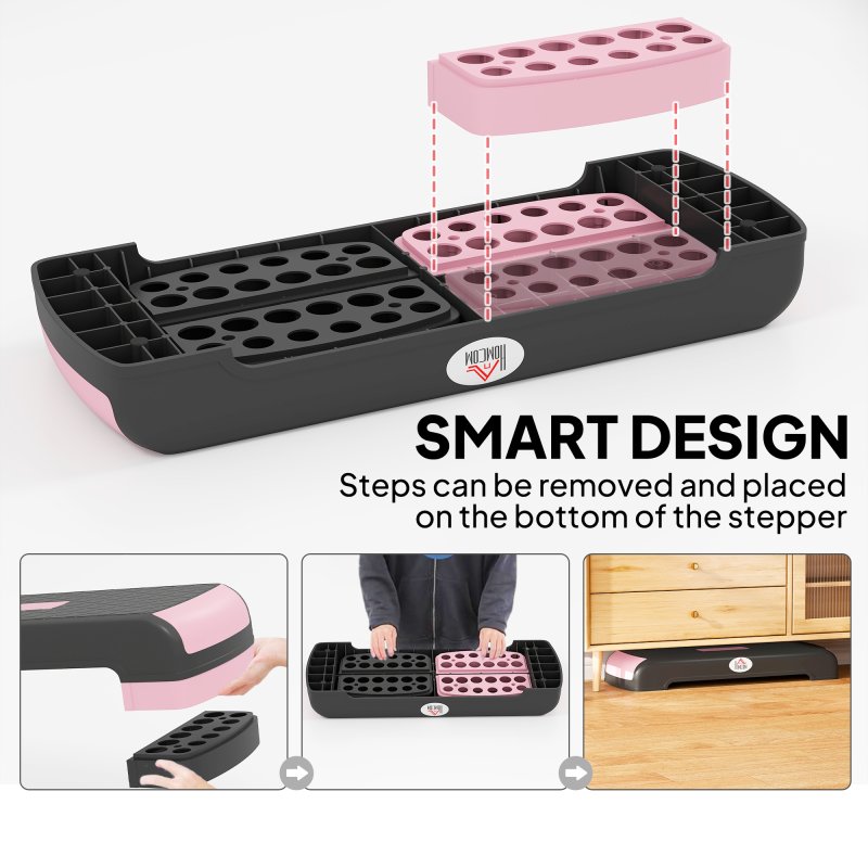 HOMCOM Aerobic Step, 10cm, 15cm & 20cm Height Adjustable Exercise Stepper for Exercise Workout, Nonslip Step Board Great for Home & Office, Black and Pink