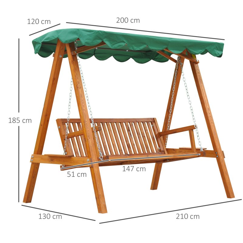 Outsunny 3 Seater Garden Swing Seat with Canopy, Wooden Swing Chair, Outdoor Hammock Bench for Balcony Patio Porch, Green