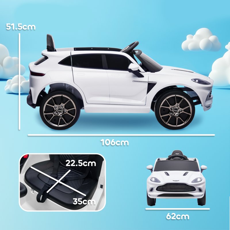 AIYAPLAY Aston Martin DBX Licensed 12V Kids Ride on Car, Kids Electric Car with Remote Control, 4 Suspension Wheels, LED Lights, Music, Horn, Slow Start, for Ages 3-6 Years, White
