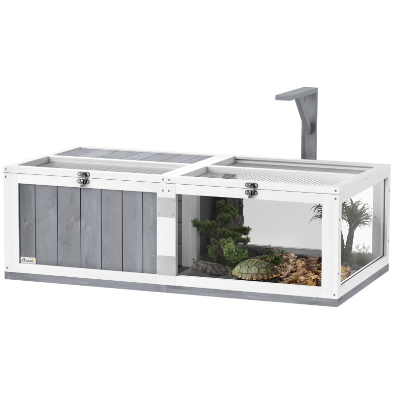 PawHut Tortoise House with Lamp Holder, Wooden Tortoise Enclosure with Clear Observation Windows, Openable Tops, Built-in Tray, Two-Room Turtle Table for Indoor Use, Light Grey