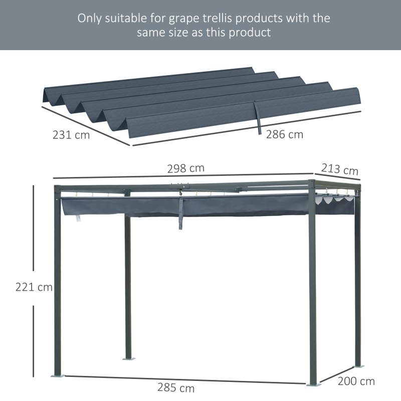 Outsunny Retractable Pergola Roof, Sun Shade Cover, UV30+ Protected Replacement Canopy Fabric for 2.85 x 2m Pergola, Dark Grey