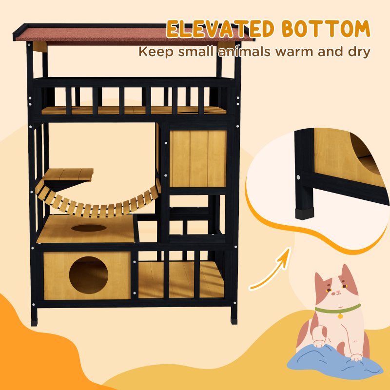 PawHut Outdoor Cat House Wooden Cat Shelter, 4 Tier with Suspension Bridge, Balcony, Escape Doors Water-Resistant Roof, for 1-2 Cats
