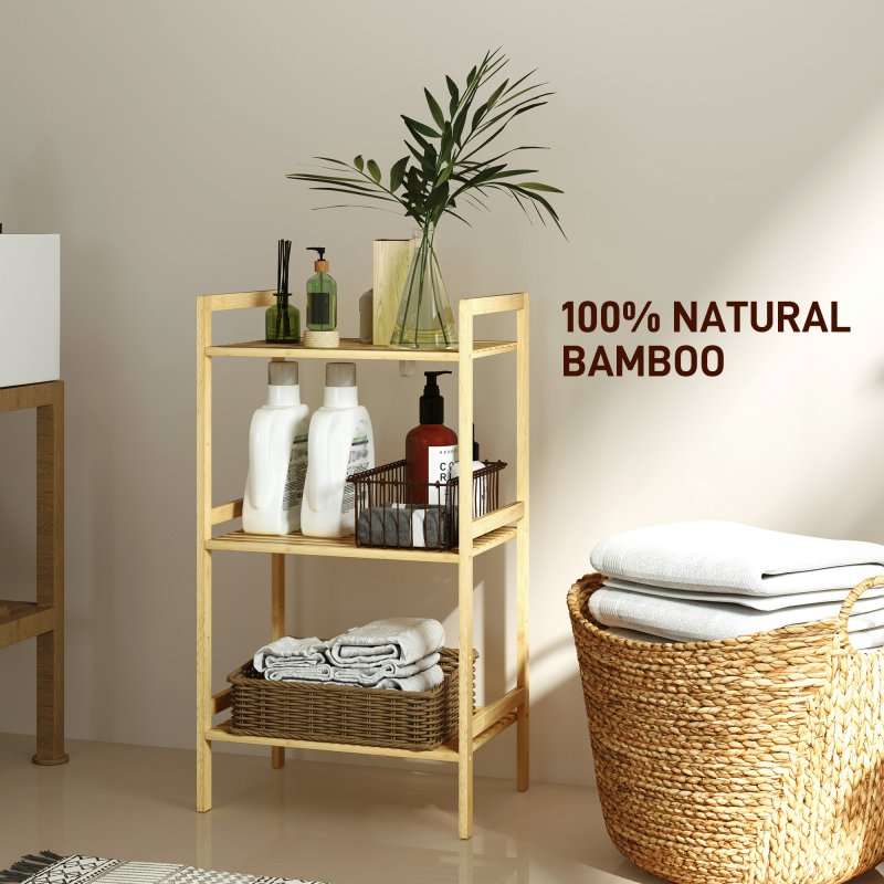 HOMCOM 3-Tier Bamboo Bathroom Storage Shelf, Freestanding Shelving Unit with Adjustable Rack for Kitchen Bathroom Living Room