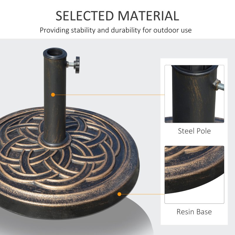 Outsunny 11.5kg Garden Parasol Base, Round Heavy Duty Umbrella Stand Holder, Resin Parasol Stand for 38mm or 48mm Outdoor Umbrella Poles, Bronze Tone