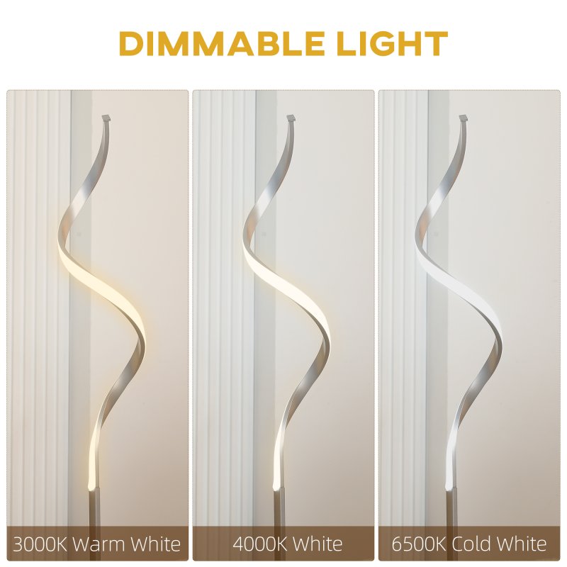 HOMCOM Dimmable Floor Lamp for Living Room, Modern Spiral Standing Lamp with 3 Adjustable Brightness and Square Base, Silver