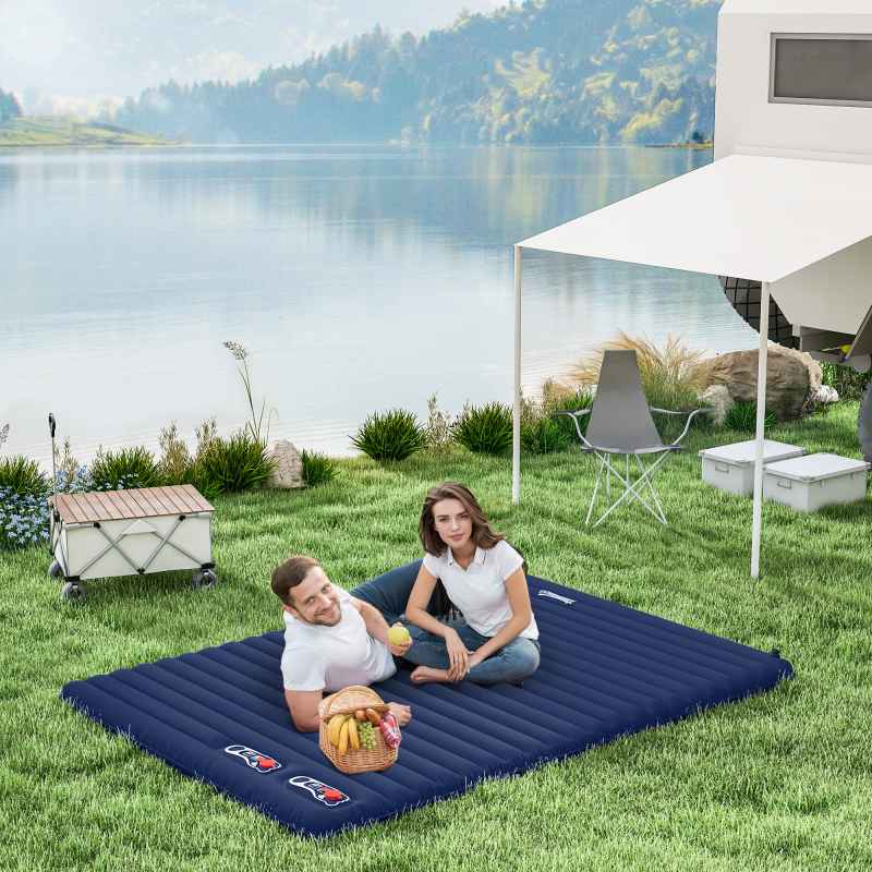 Outsunny 2 Person Camping Inflating Sleeping Mat Inflatable Mattress Ultralight Folding Bed Portable Air Bed for Outdoor Backpacking Hiking Travel - Navy Blue