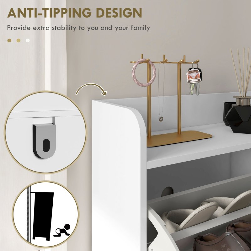 HOMCOM Narrow Shoe Cabinet with 4 Flip Drawers, Slim Shoe Storage Cabinet with Adjustable Shelves, Hairpin Legs and 4 Vents for 16 Pairs of Shoes for Entryway, White