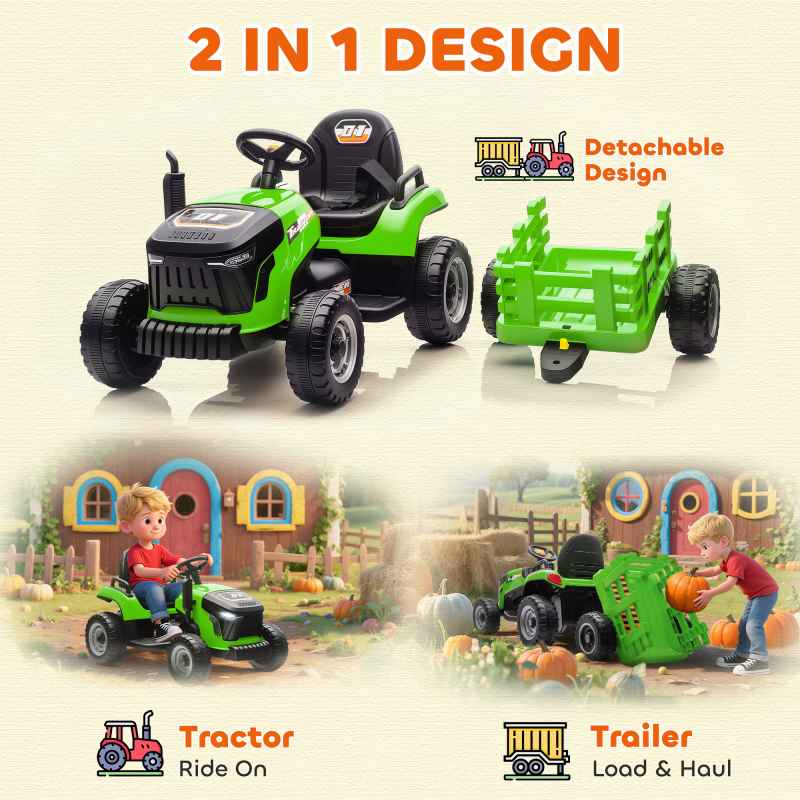 AIYAPLAY Ride on Tractor with Trailer, 12V Electric Vehicle with Remote Control, Ride on Car for Kids with Music, Shifter, Start-Up Sound for Ages 3-8 Years, Green