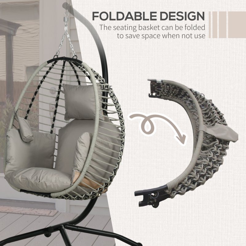 Outsunny Outdoor Swing Chair with Thick Padded Cushion, Patio Hanging Egg Chair with Metal Stand, Foldable Basket, Cup Holder, Rope Structure for Indoor & Outdoor, Grey