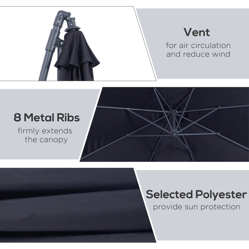 Outsunny 3(m) Garden Cantilever Parasol Patio Banana Hanging Umbrella Sun Shade with Crank and Tilt, 8 Ribs and Cross Base, Black