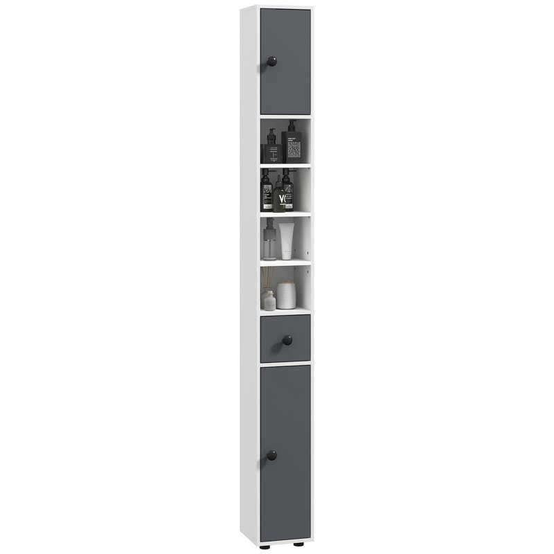 kleankin 180cm Tall Bathroom Cabinet, Slim Bathroom Storage Cabinet with 4 Open Shelves, 2 Door Cupboards and Adjustable Shelves